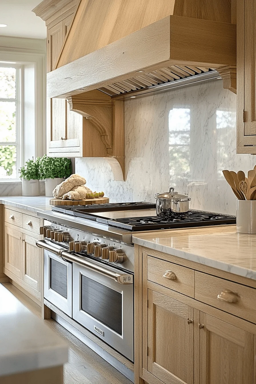 polished natural oak kitchen cabinets