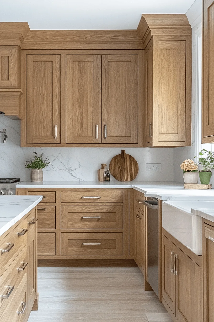 polished natural oak kitchen cabinets