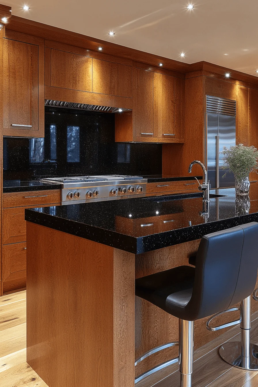 polished golden oak kitchen cabinets
