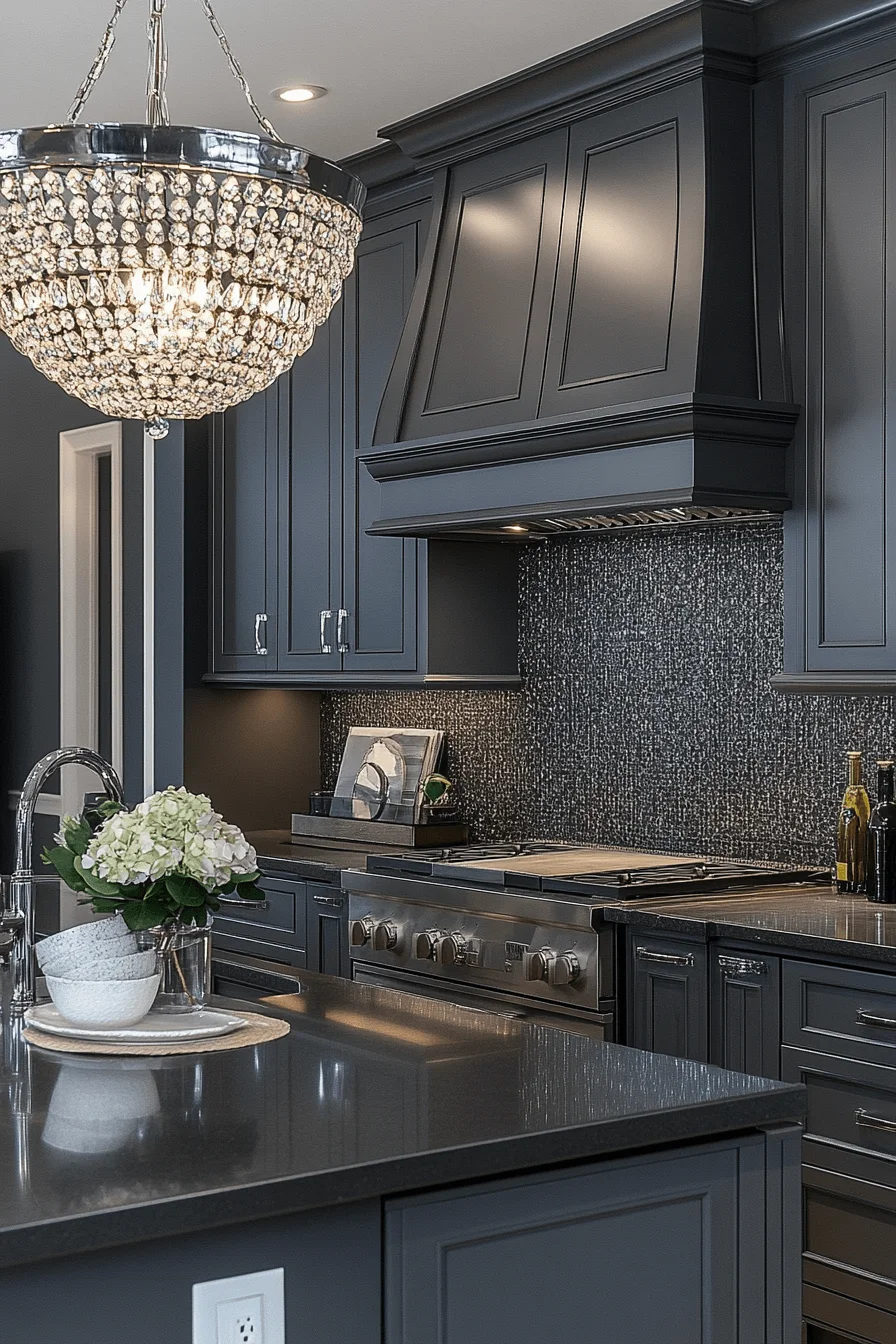 charcoal gray kitchen cabinets with metallic accents