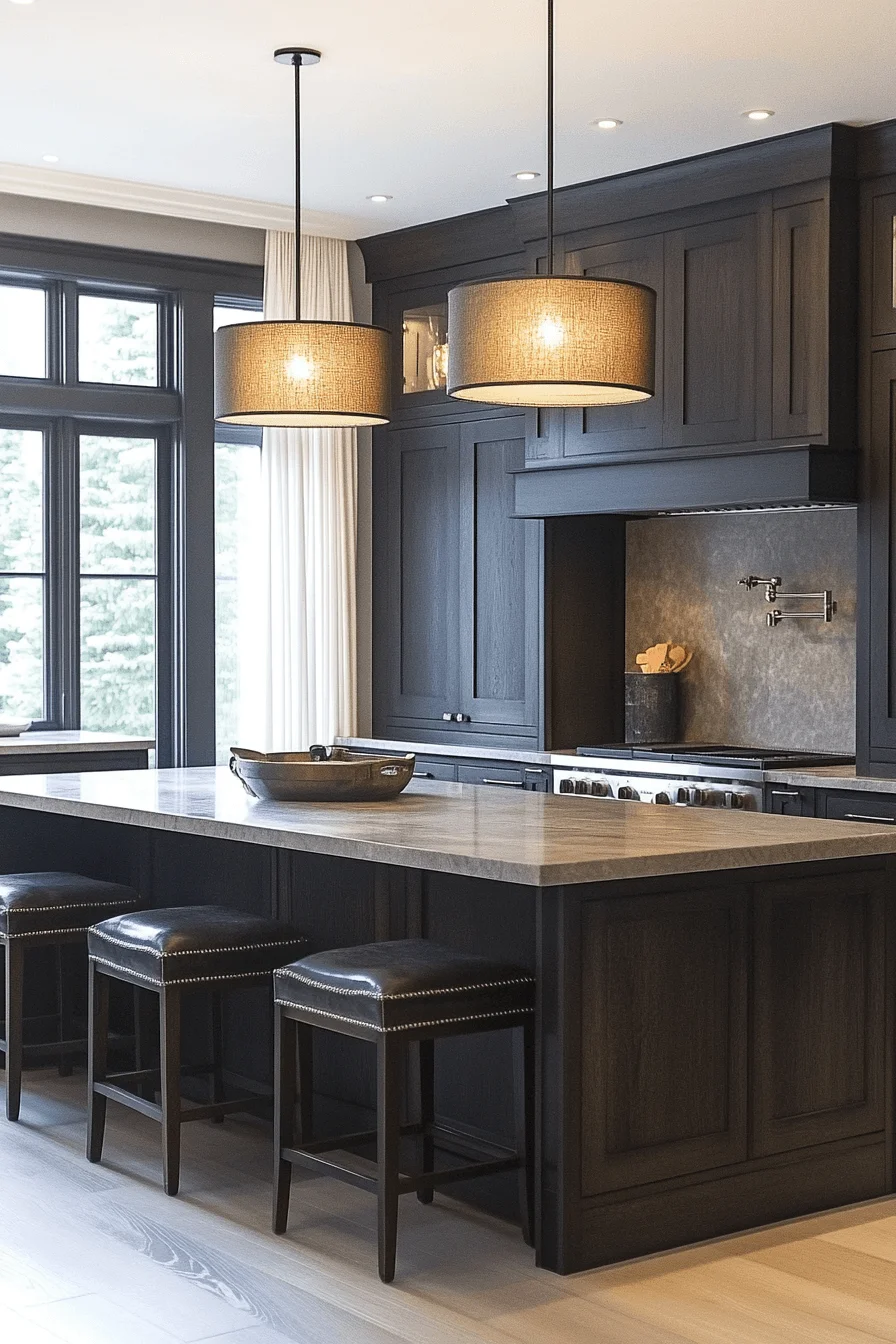 charcoal gray kitchen cabinets with natural accents