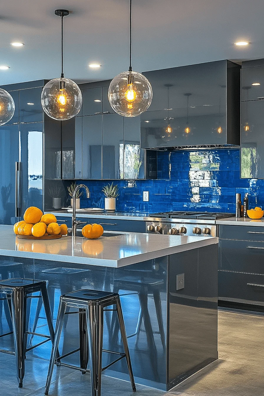 charcoal gray kitchen cabinets with neon accents