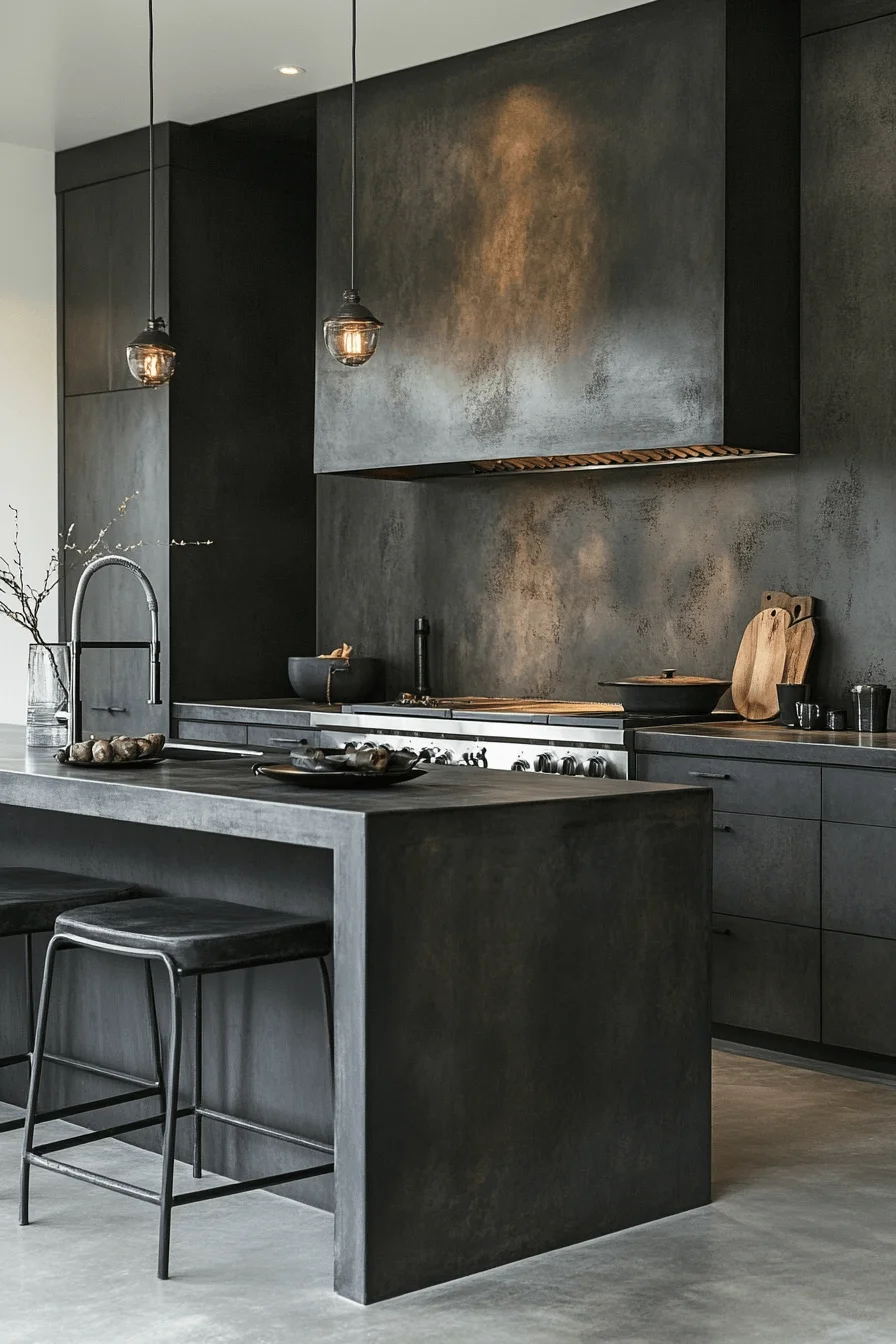 charcoal gray kitchen cabinets with dramatic lighting