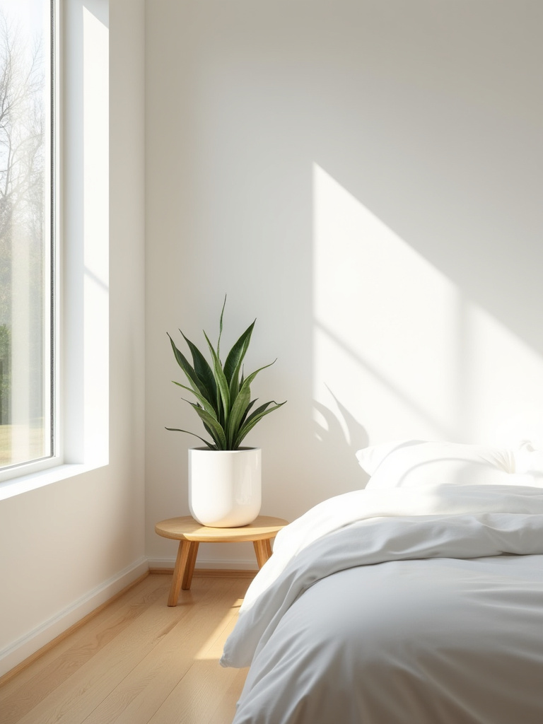 A meticulously planned minimalist bedroom layout, featuring a serene platform bed and clear pathways, enhancing optimal flow and openness under soft morning light.