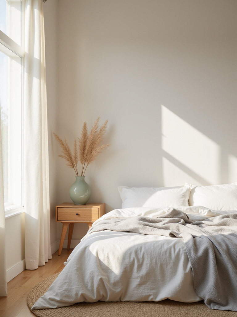 A serene minimalist bedroom showcasing a cohesive color palette of off-whites, grays, and natural wood, with subtle sage green accents. The room features a low-profile bed, wooden nightstand, and layered natural textures.