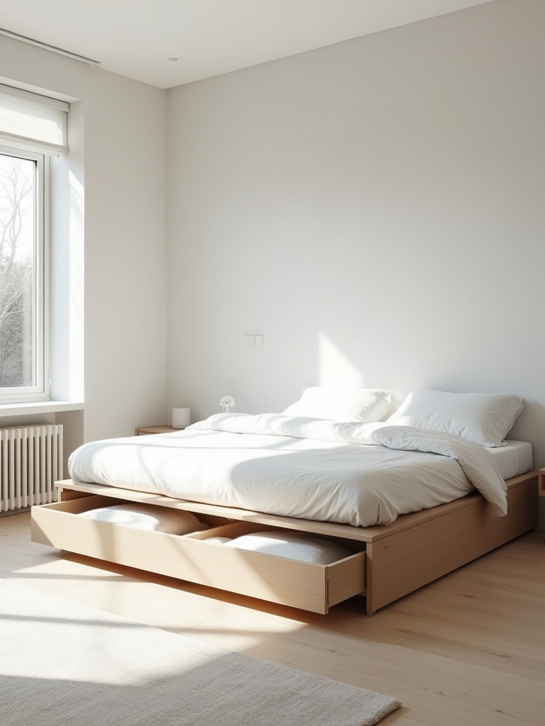 Modern minimalist bedroom with a light wood platform bed featuring integrated under-bed storage, illustrating functional design and a clutter-free environment.
