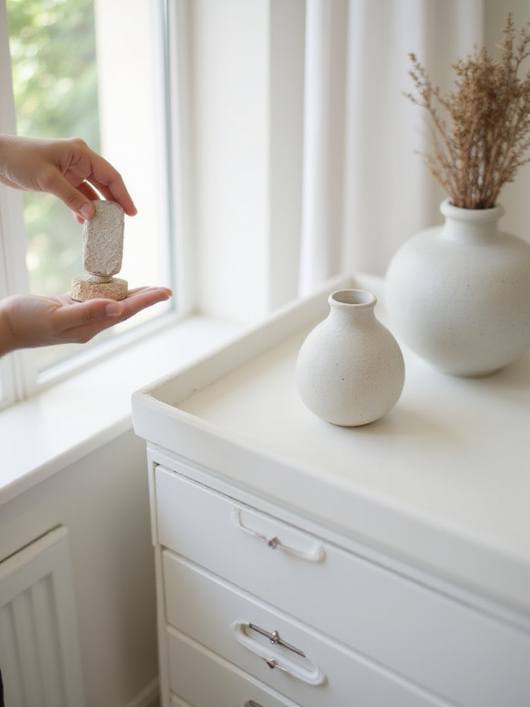 A serene minimalist bedroom dresser where a hand is removing an old trinket to make space for a new, elegant art piece, illustrating the'one-in, one-out' decluttering rule for maintaining an uncluttered space.