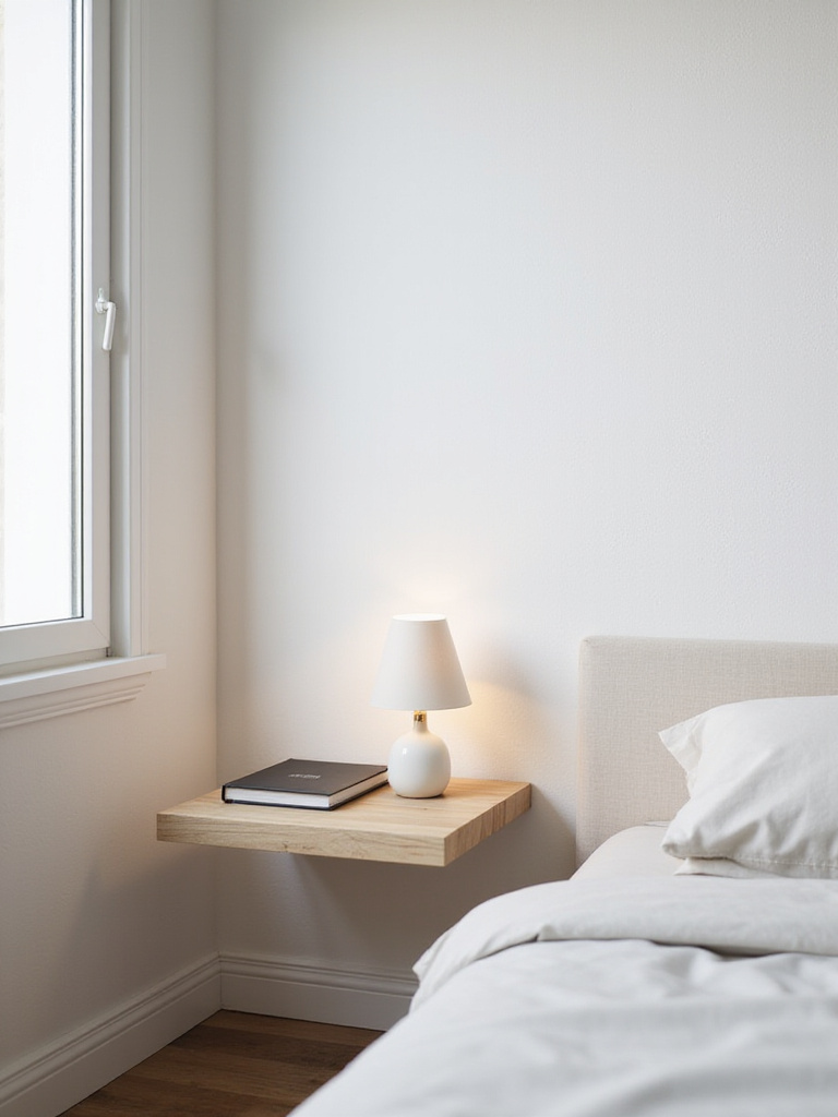 Minimalist bedroom with a wall-mounted wooden floating nightstand holding a small lamp and book, embodying serene decor and decluttering principles.