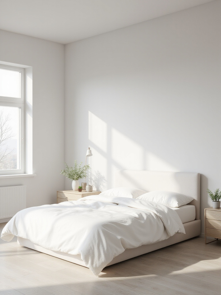 A serene minimalist bedroom featuring a low-profile bed and a single floating nightstand, demonstrating how to resist over-furnishing with only essential pieces.