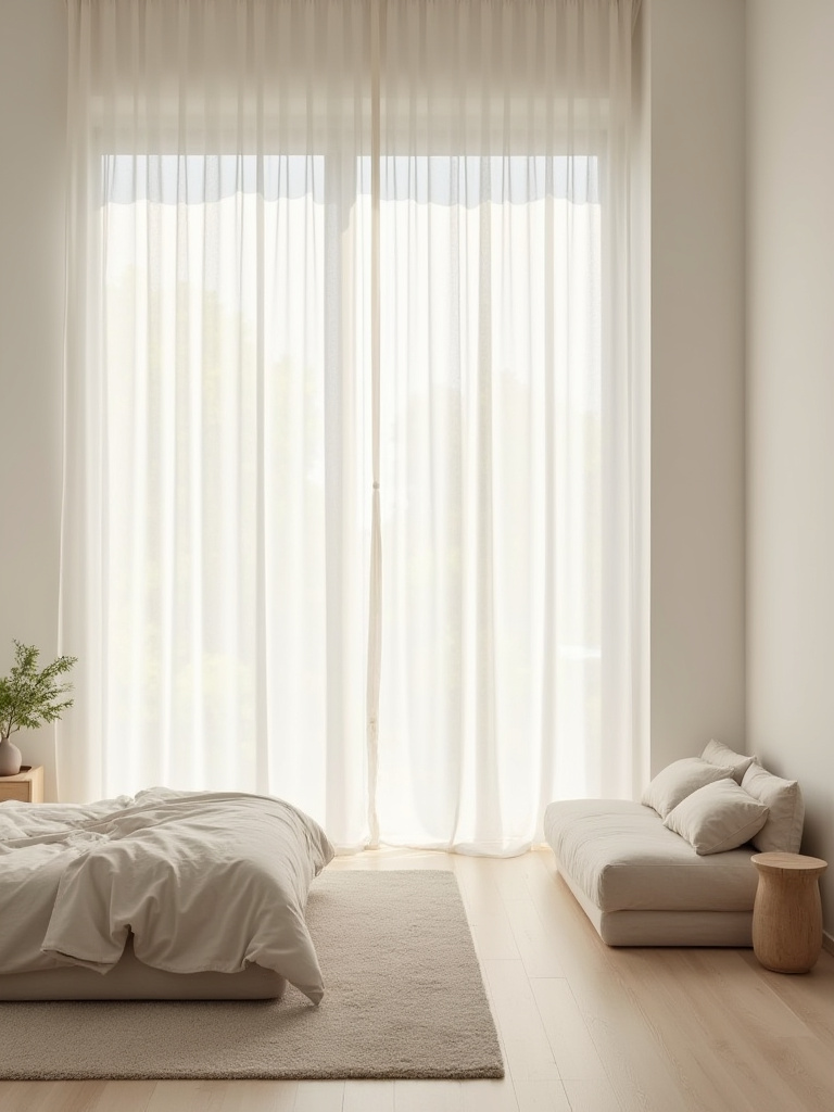 A minimalist bedroom with large, clean windows allowing abundant natural light to stream in, featuring sheer curtains pulled back and a low-profile bed with neutral bedding, emphasizing a serene and spacious atmosphere.