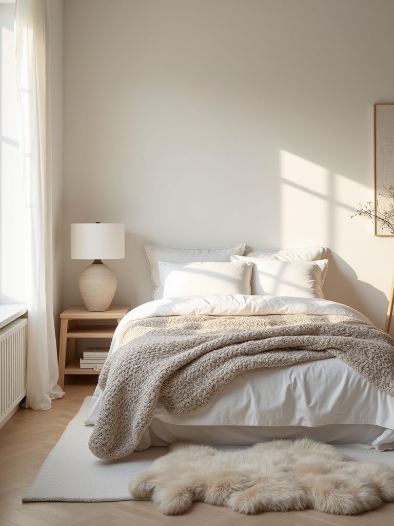 Minimalist bedroom with layered linen and wool textures, raw wood nightstand, ceramic lamp, and a sheepskin rug, illustrating depth and warmth.