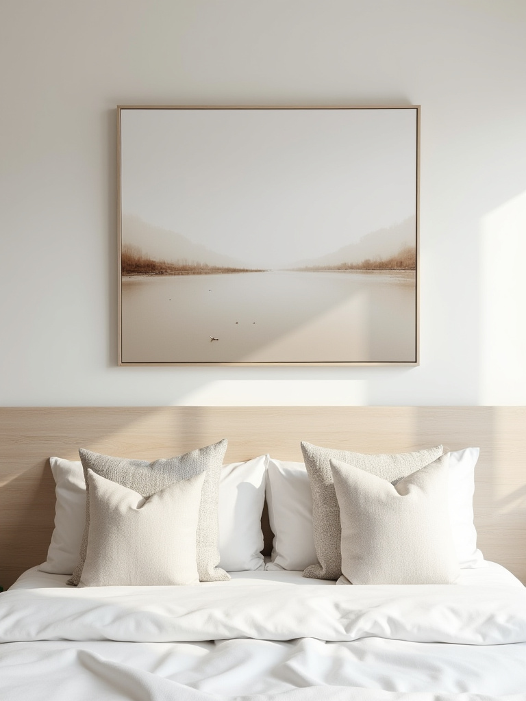 Minimalist bedroom with a large, calming abstract landscape art piece above a white bed, serving as a meaningful focal point.