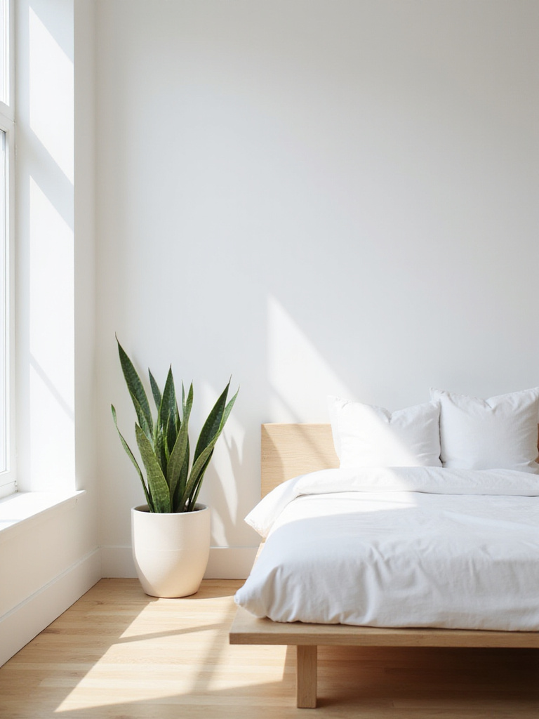 A minimalist bedroom featuring a strategically placed vibrant Snake Plant in a clean, off-white ceramic pot on a wooden nightstand, adding a natural touch under soft daylight.