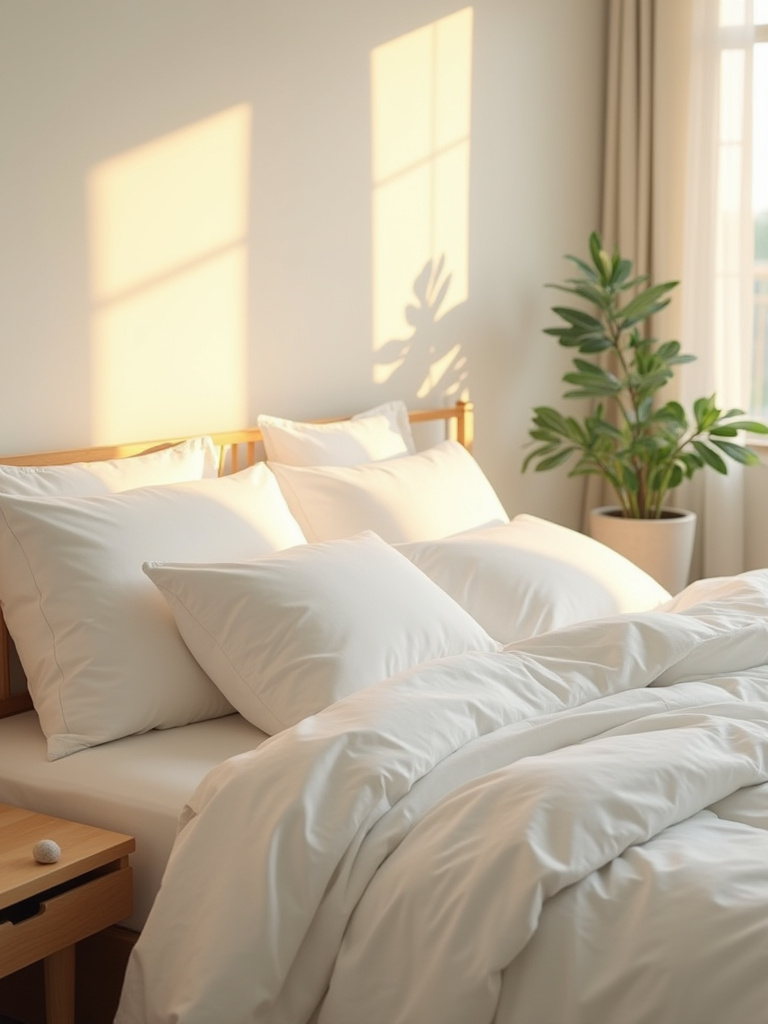 A serene minimalist bedroom interior, perfectly tidy and bathed in soft golden hour light, reflecting the calm achieved after a daily reset routine, with clean surfaces and essential decor.