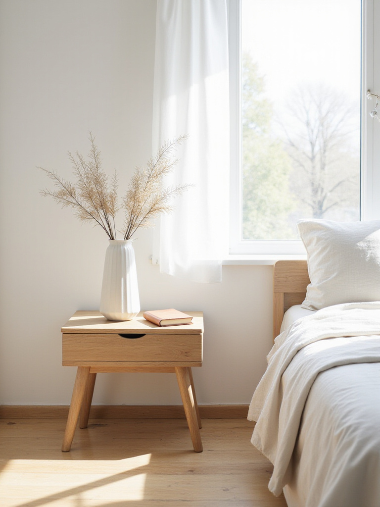 A serene minimalist bedroom with a single slightly open drawer revealing a messy, cluttered interior, symbolizing'fake minimalism' and hidden disorder.