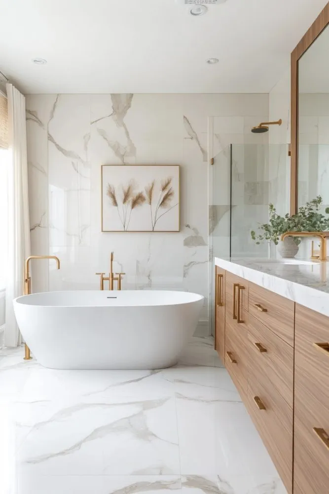 Gold Fixtures in Marble Bathroom