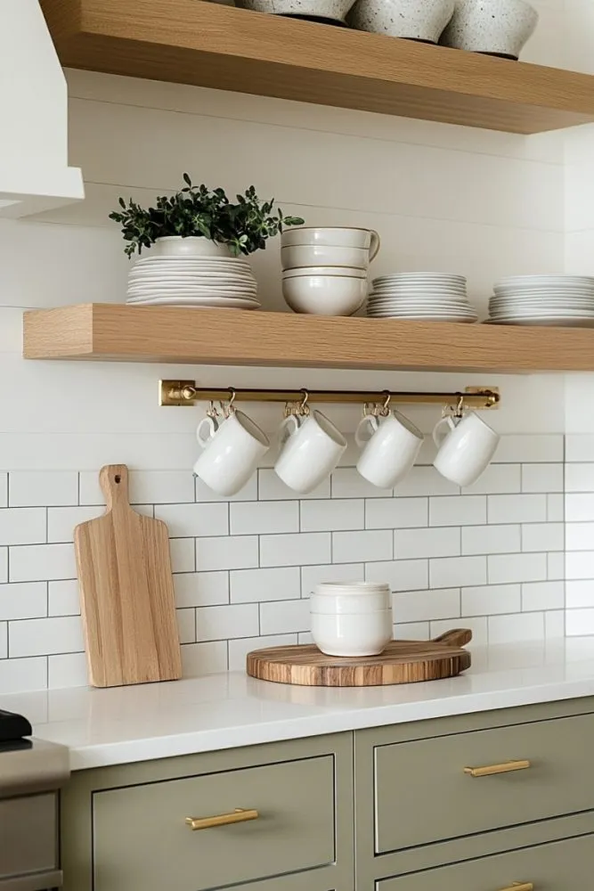 Open shelves with hooks
