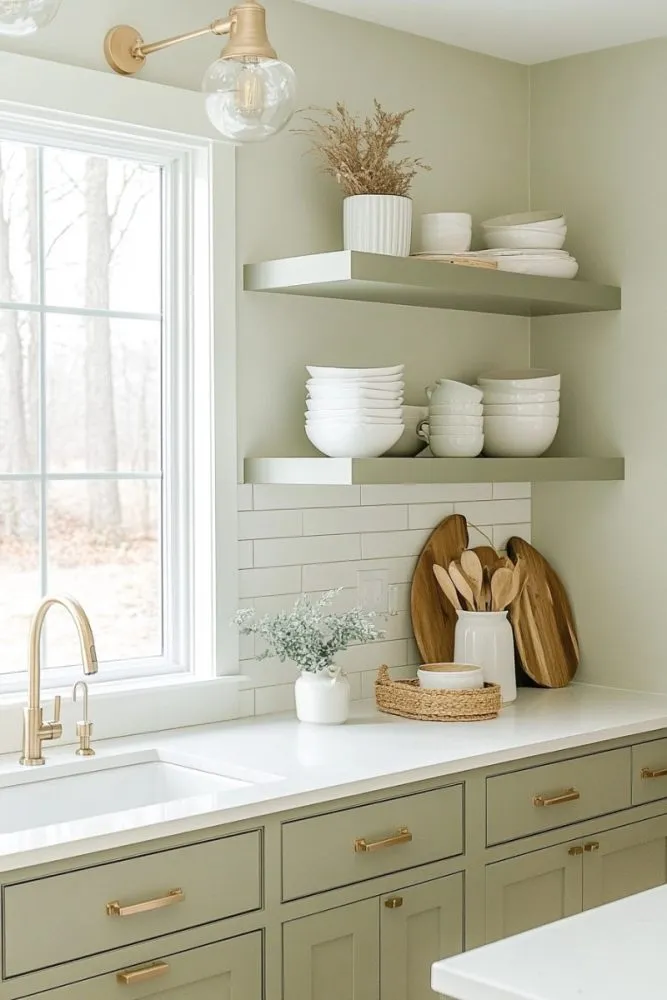 Painted shelves matching walls