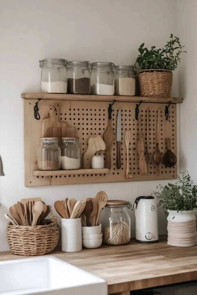 Pegboard with open shelves