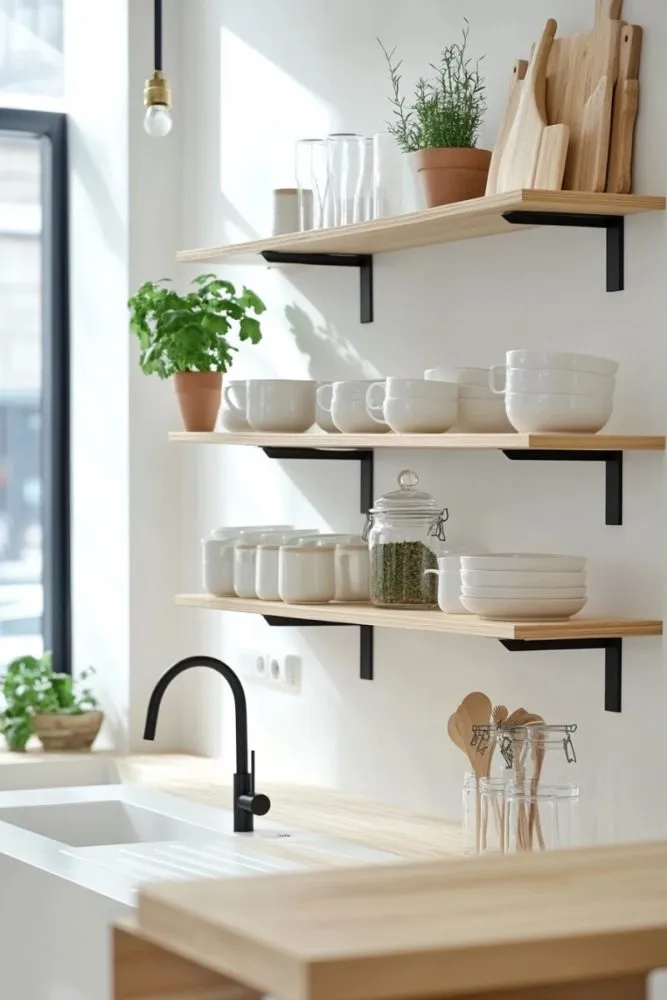 Shelves with slim metal brackets