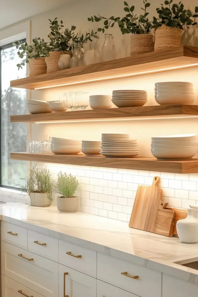 Open shelves with under lighting