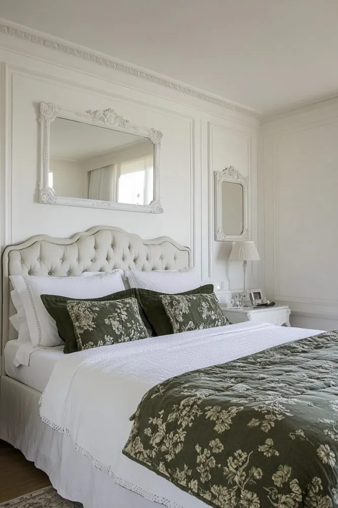 Soft Green Bedding with White Walls