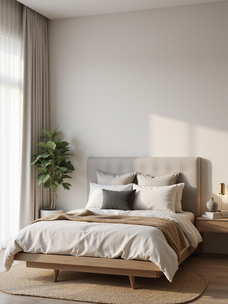 Modern bedroom with layered neutral palette - linen bedding, warm gray headboard, oak furniture, jute rug, and soft warm lighting