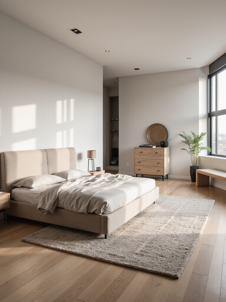 Modern bedroom with anchored bed, floating nightstands, tall dresser, and clear pathways for optimal furniture flow.