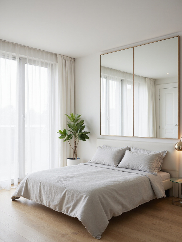 Modern bedroom with sheer curtains, large window, full-length mirror, light oak floor and neutral furnishings maximizing natural light.