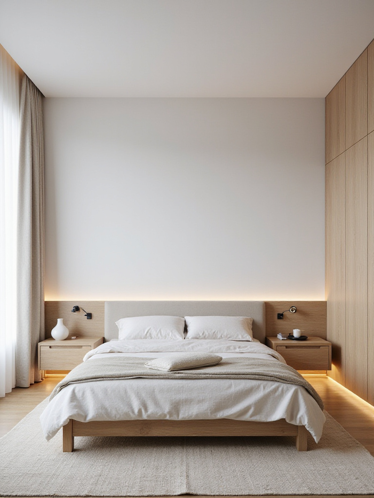 Minimalist bedroom with low-profile platform bed, flush-front nightstands, and soft natural light highlighting clean-lined furniture.