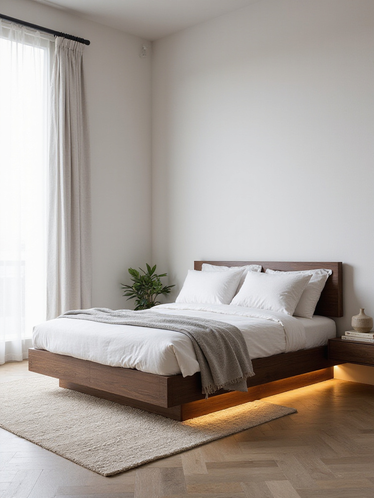 Minimal modern bedroom with dark walnut low-profile platform bed, recessed underlighting and neutral linens