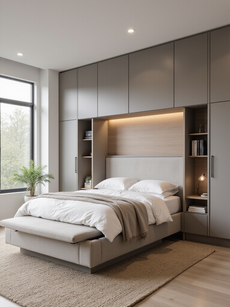 Modern minimalist bedroom with platform ottoman bed open to reveal hidden storage, flush headboard cabinets, and a storage bench