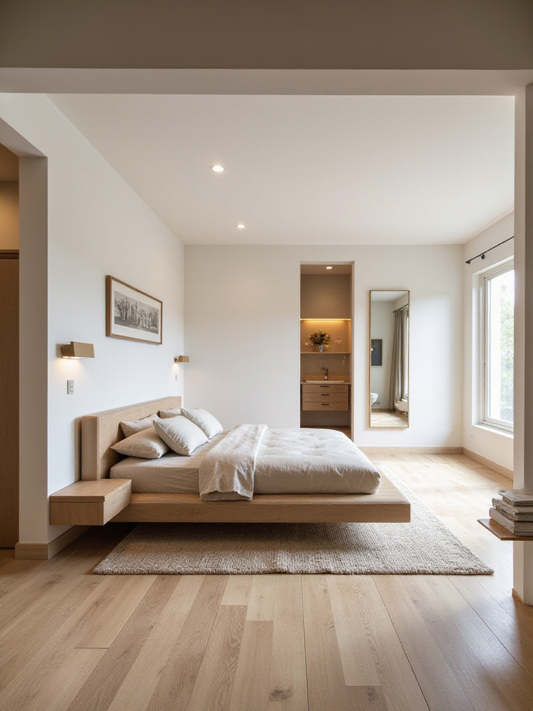 Modern bedroom with platform bed, floating nightstands and wide clear pathways showing optimized layout for seamless movement