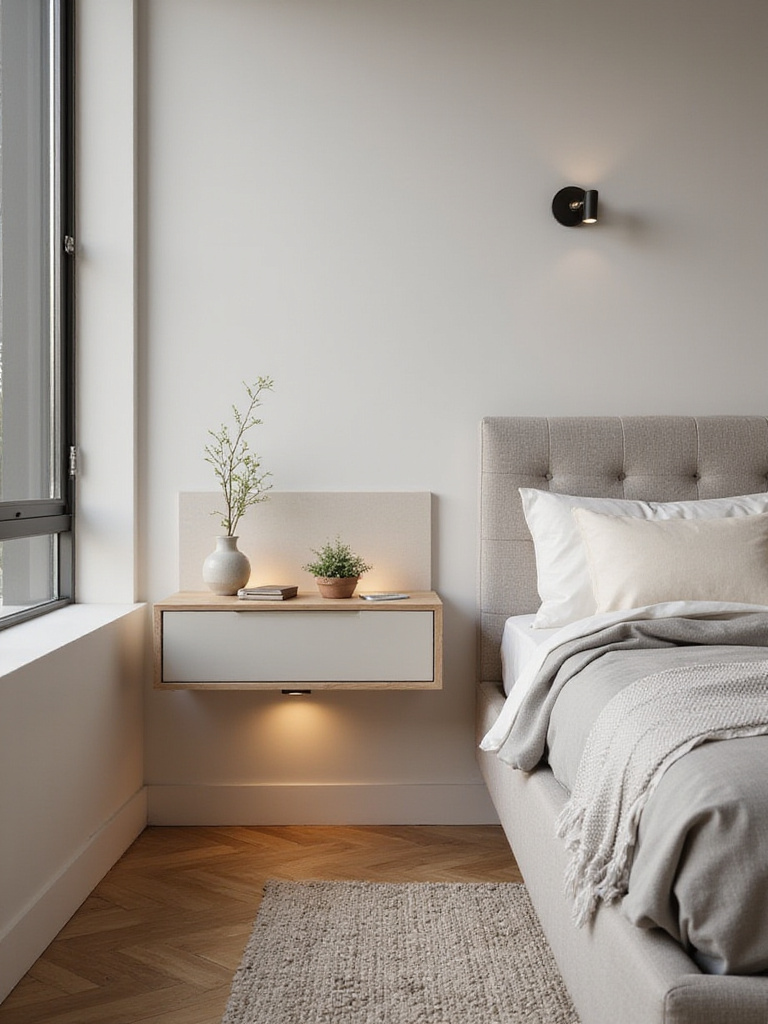 Minimal modern bedroom with wall-mounted floating nightstands, soft natural light and under-shelf LED glow