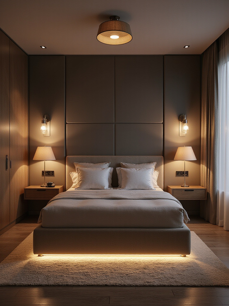 Modern bedroom with layered ambient recessed lights, bedside lamps, reading sconces, and under-bed LED accent lighting