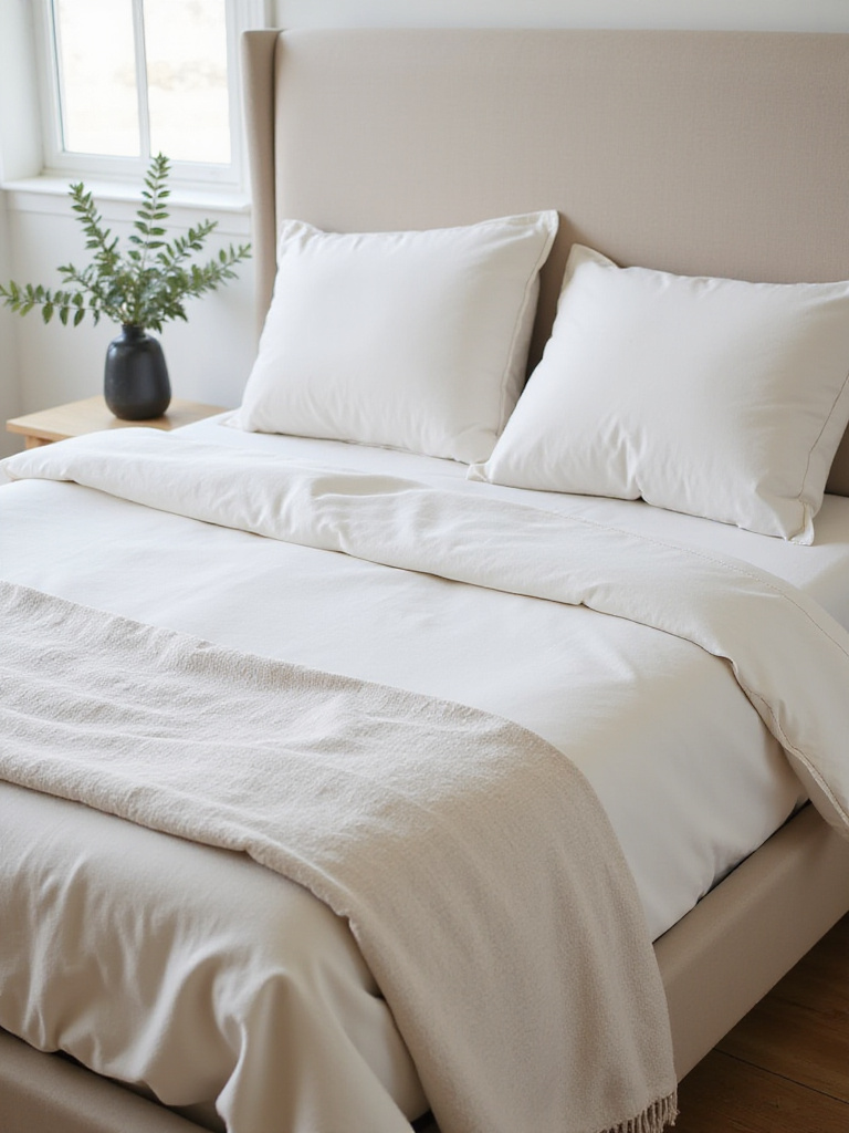 Modern bed with crisp high-quality linens - layered percale sheets, linen duvet, and textured throw