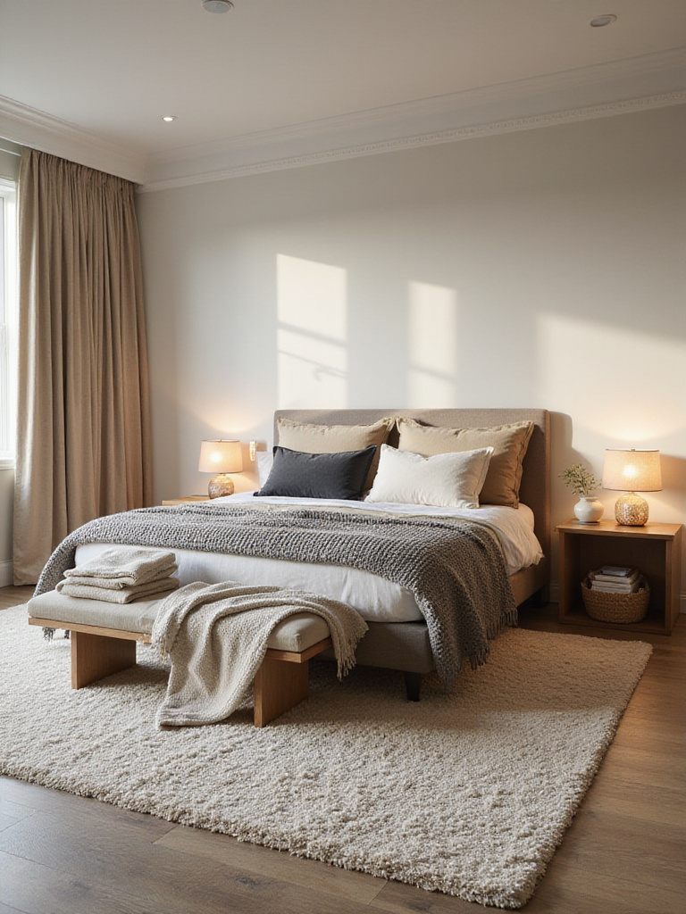 Modern bedroom with plush area rug and layered throws, warm natural light highlighting textures