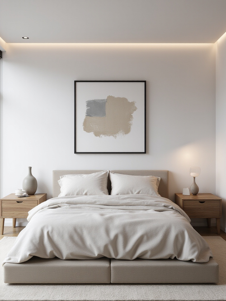 Modern bedroom with large monochromatic minimalist painting above neutral platform bed