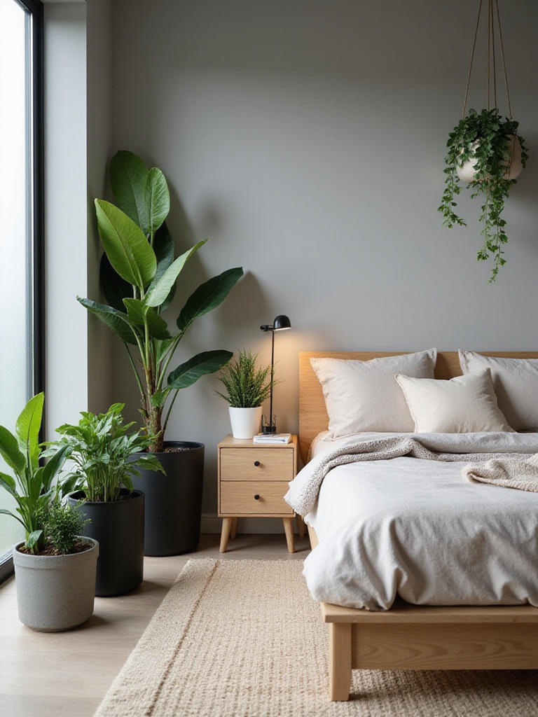 Modern bedroom with sleek planters and lush indoor plants