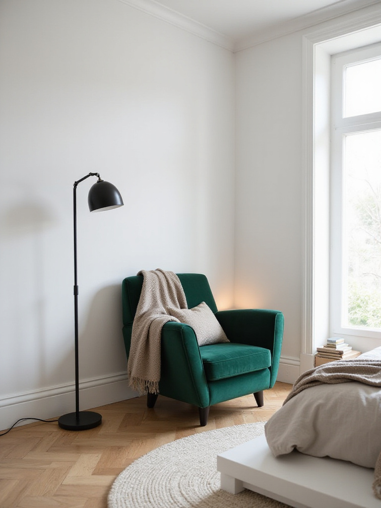 Modern bedroom with bold emerald green velvet accent chair and neutral bedding