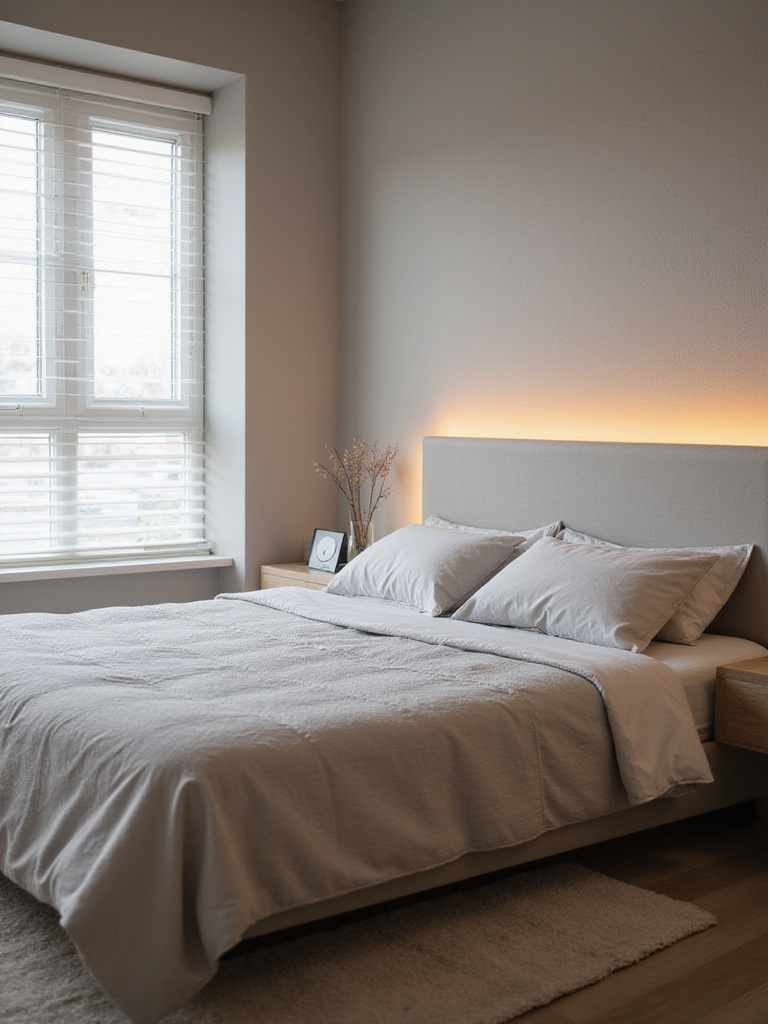 Modern bedroom with smart lighting, thermostat, smart speaker, motorized blinds and smart mattress cover
