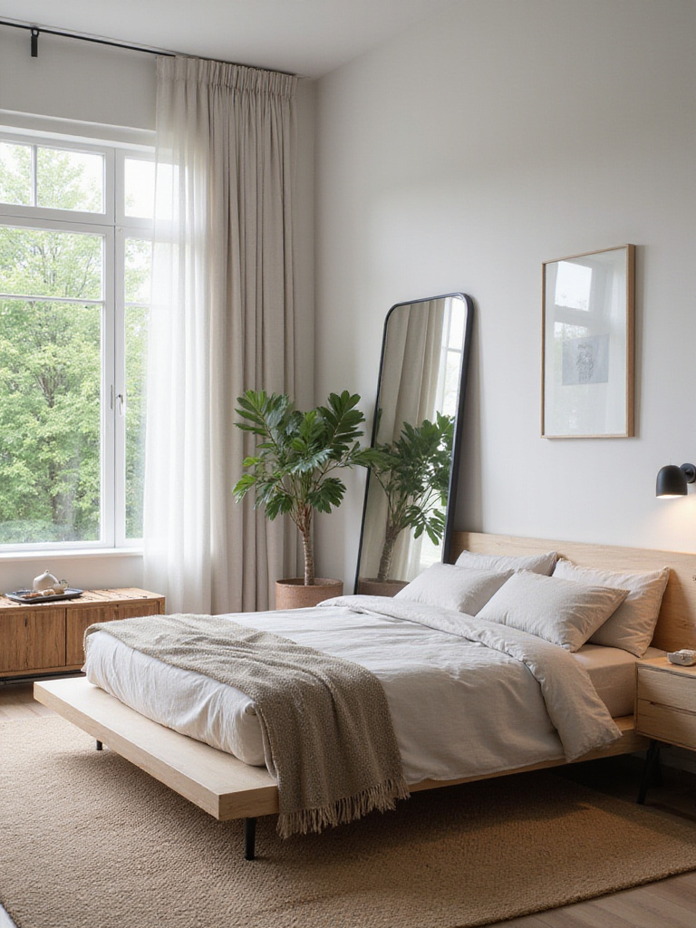 Modern bedroom with full-length mirror reflecting outdoor greenery