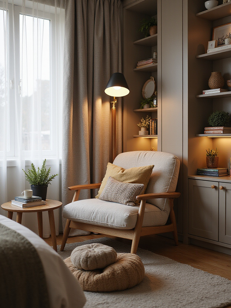 Serene reading nook with plush chair, floor lamp, layered textiles, and indoor plant