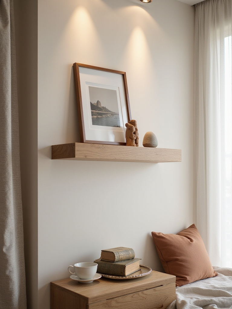 Modern bedroom vignette with curated keepsakes on floating shelf and nightstand