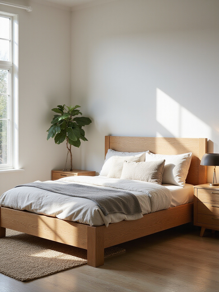 Modern bedroom with solid-wood bed, matching nightstands and dresser highlighting durable furniture