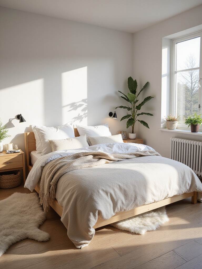 Cozy Scandinavian bedroom with light wood furniture, warm lighting, and soft textiles.
