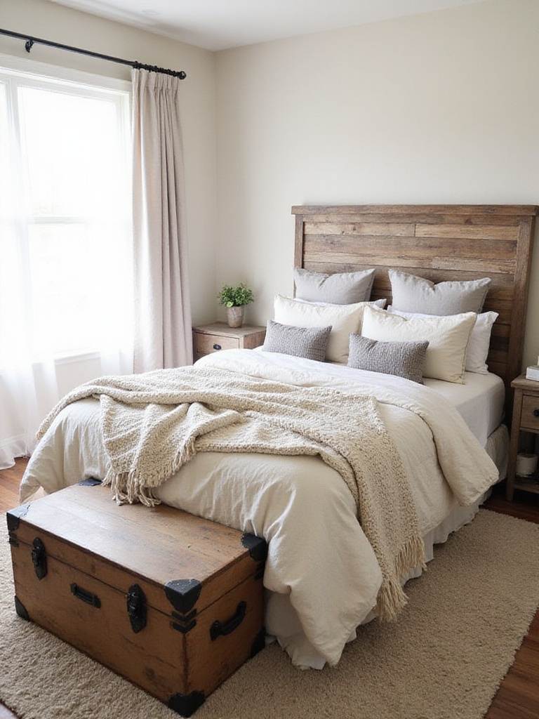 Farmhouse rustic bedroom retreat with cozy bed and natural lighting