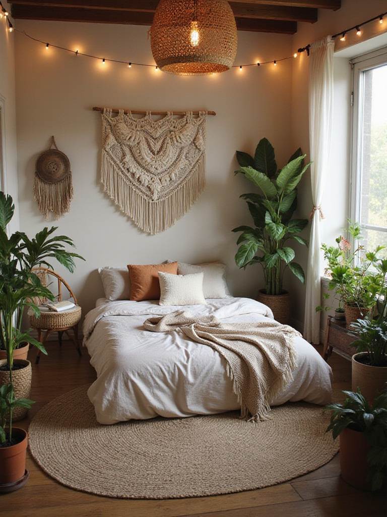 A tranquil bohemian bedroom with earthy tones, layered textures, and abundant greenery.