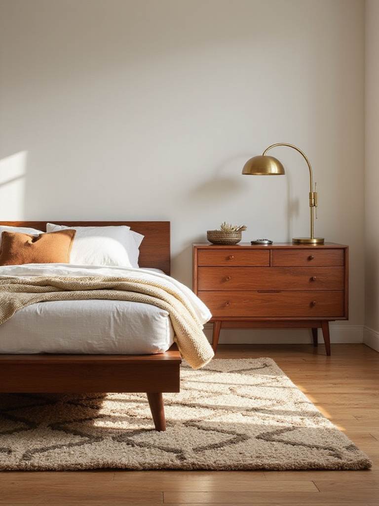 Chic Mid-Century Modern bedroom with walnut bed and vintage decor