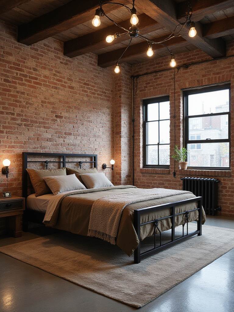 Modern industrial bedroom featuring exposed brick and steel elements